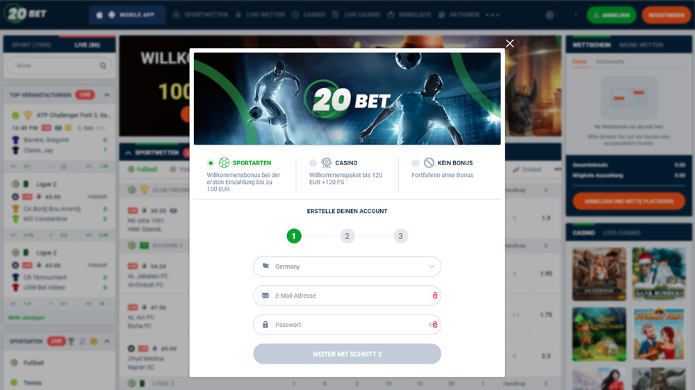 20Bet Wettkonto eröffnen