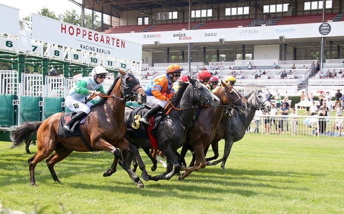 <em> <strong>Im Bild oben:</strong> Die Startbox auf der Pferderennbahn Berlin-Hoppegarten vor der Tribüne der Anlage – imago images / Nordphoto</em>